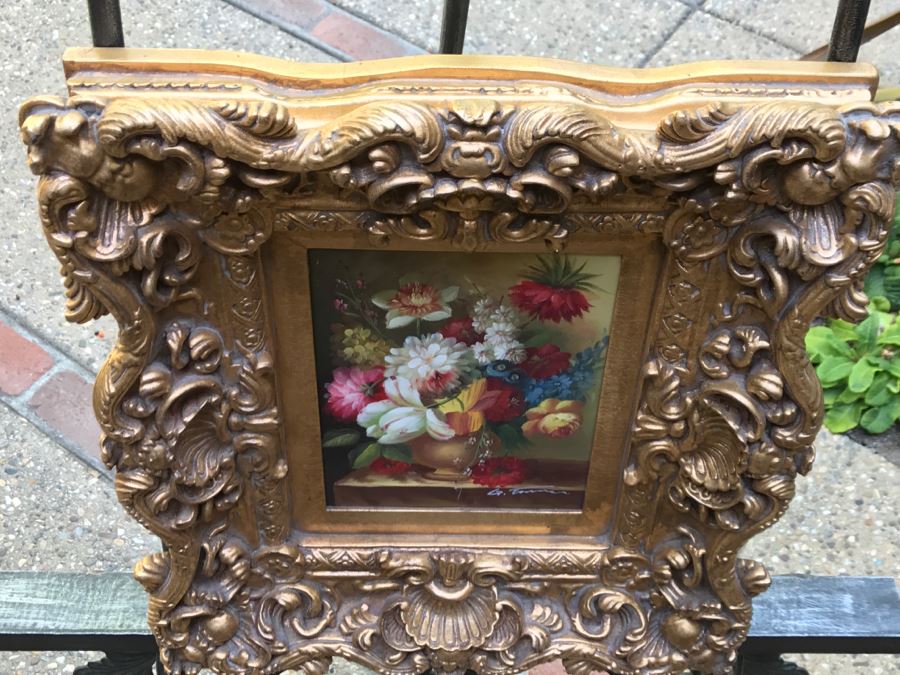 Original Floral Still Life Painting In Stunning Gilded Frame Signature Illegible [Photo 11]