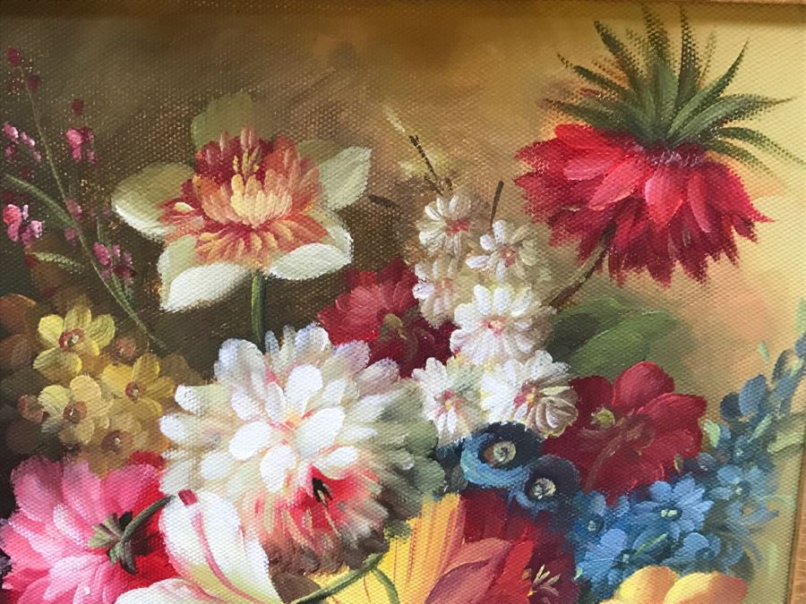 Original Floral Still Life Painting In Stunning Gilded Frame Signature Illegible [Photo 5]