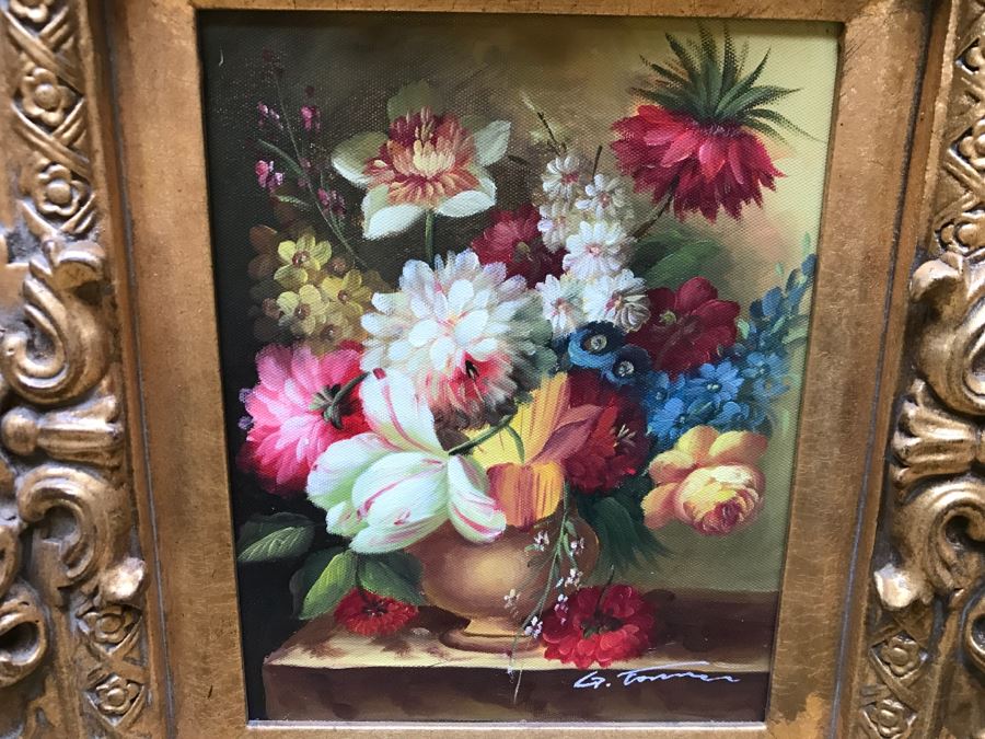 Original Floral Still Life Painting In Stunning Gilded Frame Signature Illegible [Photo 4]