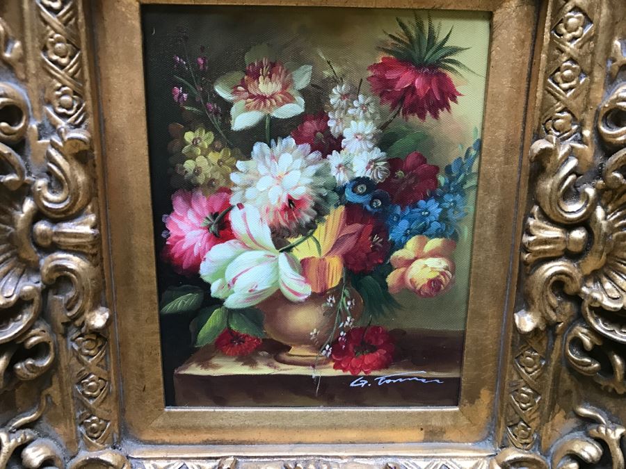 Original Floral Still Life Painting In Stunning Gilded Frame Signature Illegible [Photo 3]