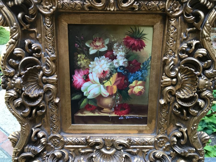 Original Floral Still Life Painting In Stunning Gilded Frame Signature Illegible [Photo 2]