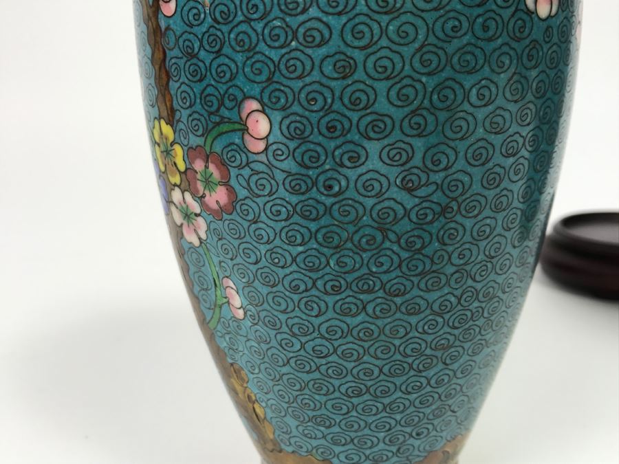 Pair Of Vintage Chinese Cloisonne Vases On Wooden Stands [Photo 15]