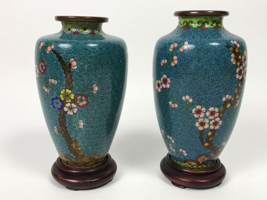 Pair Of Vintage Chinese Cloisonne Vases On Wooden Stands [Photo 2]