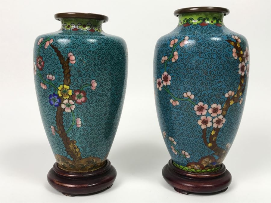 Pair Of Vintage Chinese Cloisonne Vases On Wooden Stands [Photo 3]