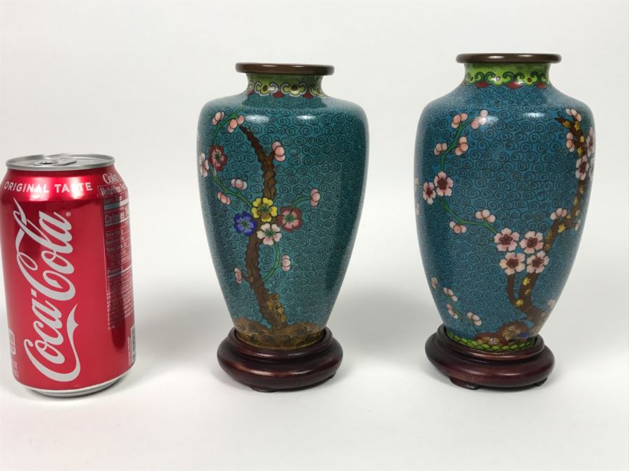Pair Of Vintage Chinese Cloisonne Vases On Wooden Stands [Photo 1]