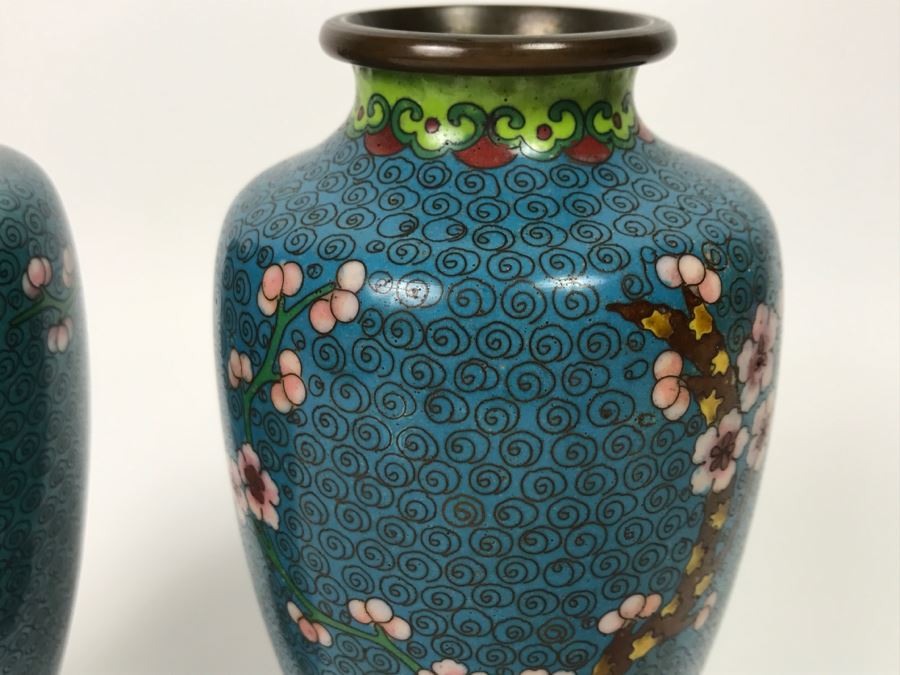 Pair Of Vintage Chinese Cloisonne Vases On Wooden Stands [Photo 4]