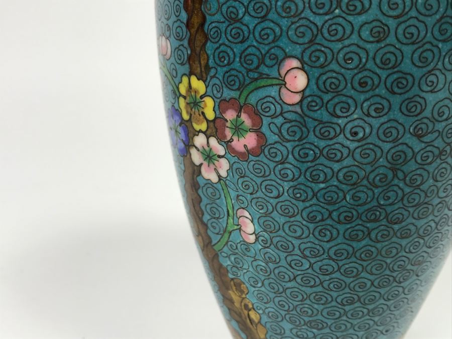 Pair Of Vintage Chinese Cloisonne Vases On Wooden Stands [Photo 14]