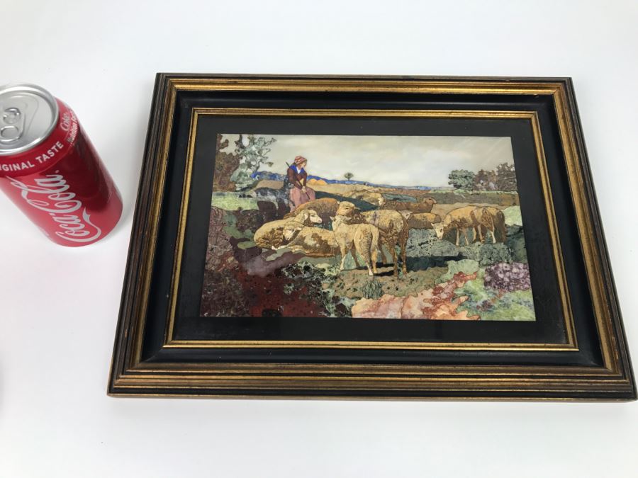 Impressive Semi-Precious Stone Inlay Plein Air Mosiac Artwork Of Shepard In Field Tending To Sheep By U. Martelli [Photo 3]