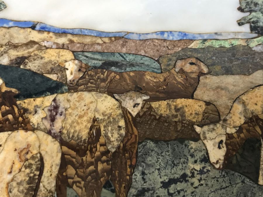 Impressive Semi-Precious Stone Inlay Plein Air Mosiac Artwork Of Shepard In Field Tending To Sheep By U. Martelli [Photo 15]