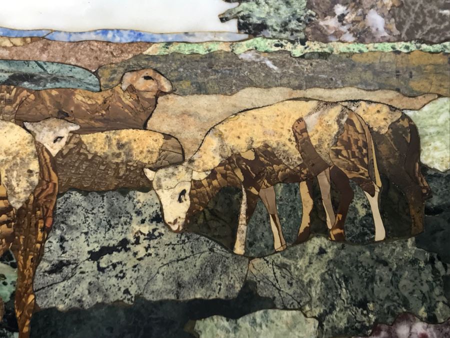 Impressive Semi-Precious Stone Inlay Plein Air Mosiac Artwork Of Shepard In Field Tending To Sheep By U. Martelli [Photo 16]