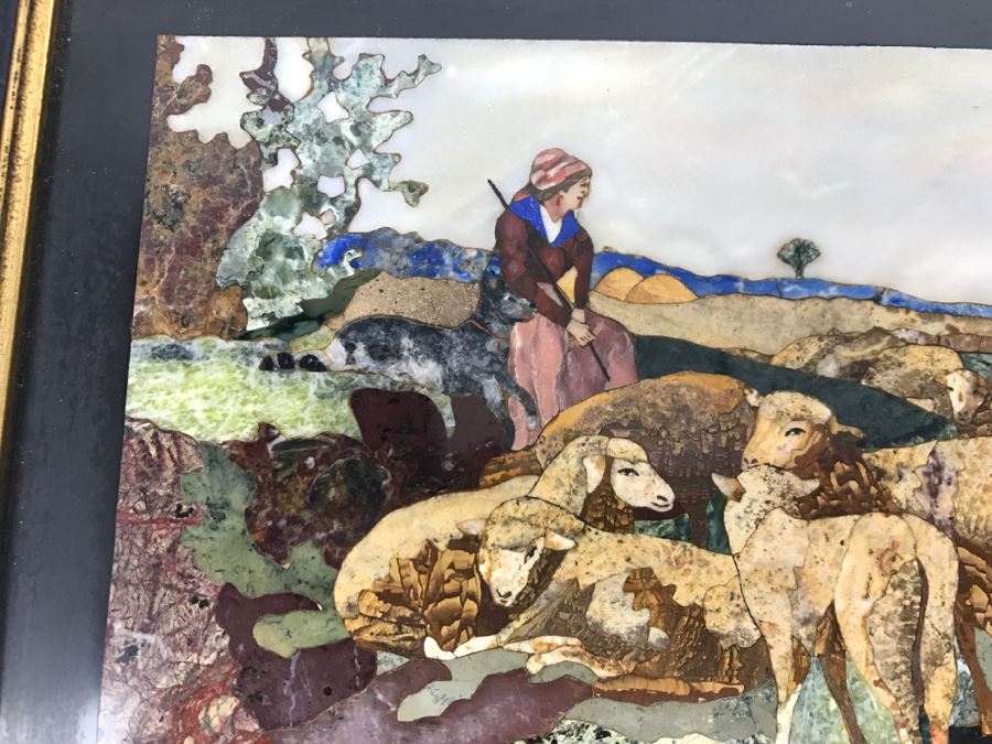 Impressive Semi-Precious Stone Inlay Plein Air Mosiac Artwork Of Shepard In Field Tending To Sheep By U. Martelli [Photo 4]