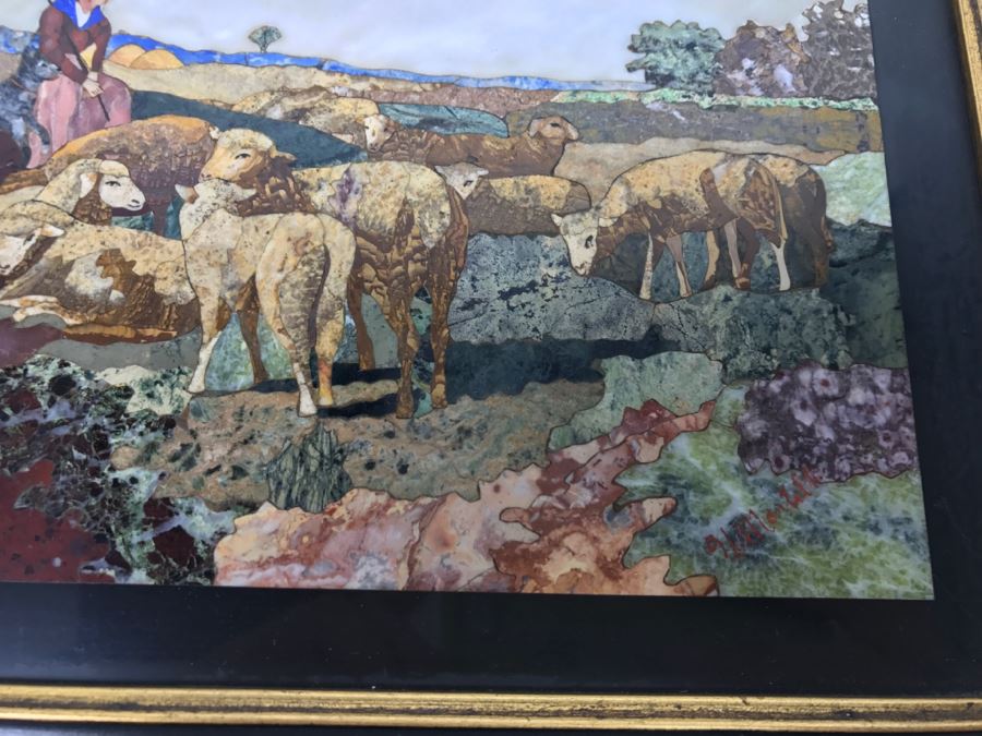 Impressive Semi-Precious Stone Inlay Plein Air Mosiac Artwork Of Shepard In Field Tending To Sheep By U. Martelli [Photo 7]