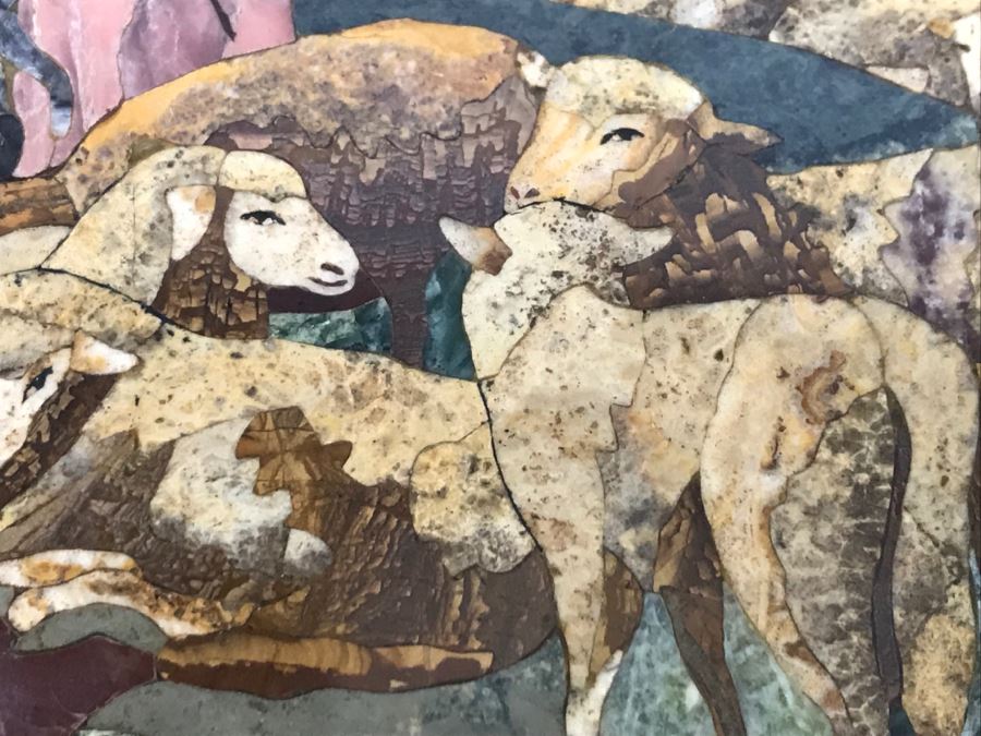 Impressive Semi-Precious Stone Inlay Plein Air Mosiac Artwork Of Shepard In Field Tending To Sheep By U. Martelli [Photo 13]