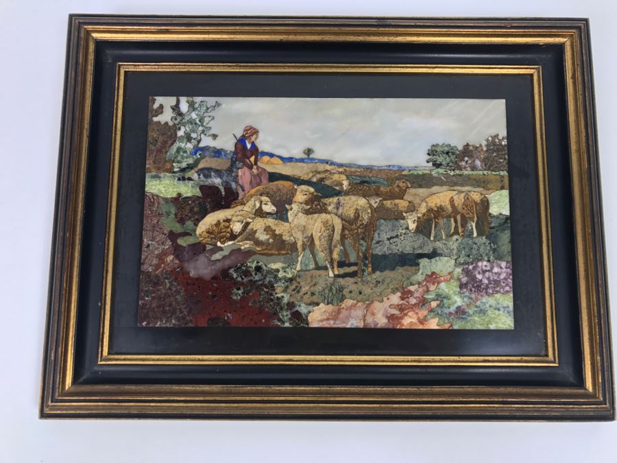 Impressive Semi-Precious Stone Inlay Plein Air Mosiac Artwork Of Shepard In Field Tending To Sheep By U. Martelli [Photo 2]
