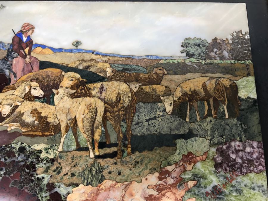 Impressive Semi-Precious Stone Inlay Plein Air Mosiac Artwork Of Shepard In Field Tending To Sheep By U. Martelli [Photo 6]