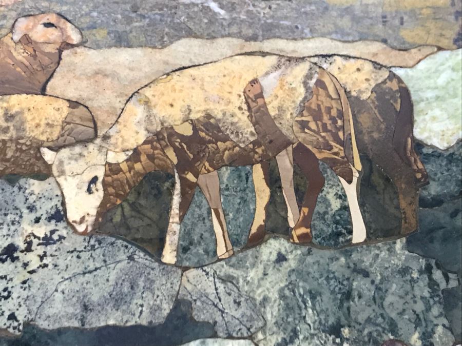 Impressive Semi-Precious Stone Inlay Plein Air Mosiac Artwork Of Shepard In Field Tending To Sheep By U. Martelli [Photo 17]