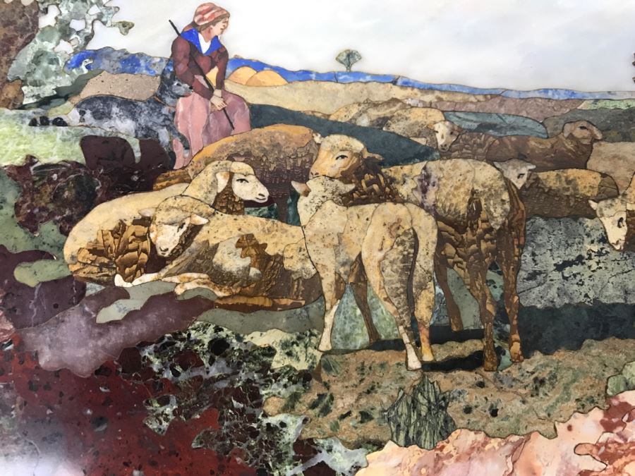 Impressive Semi-Precious Stone Inlay Plein Air Mosiac Artwork Of Shepard In Field Tending To Sheep By U. Martelli [Photo 5]