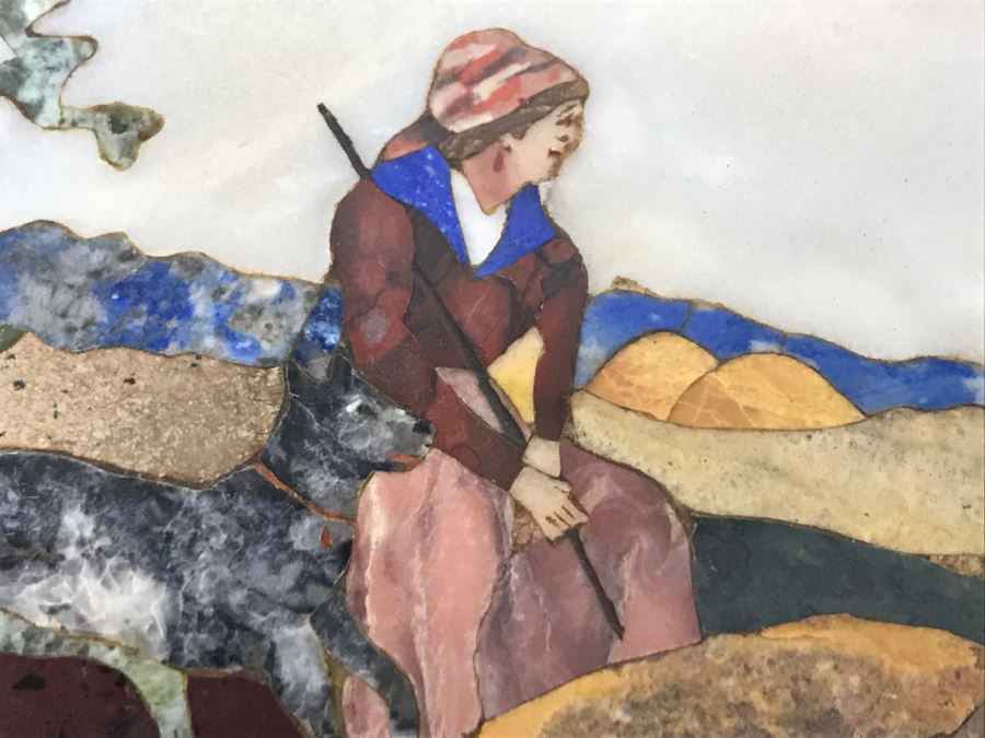 Impressive Semi-Precious Stone Inlay Plein Air Mosiac Artwork Of Shepard In Field Tending To Sheep By U. Martelli [Photo 8]