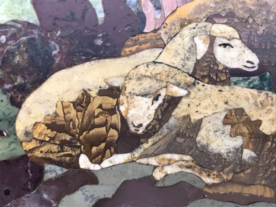 Impressive Semi-Precious Stone Inlay Plein Air Mosiac Artwork Of Shepard In Field Tending To Sheep By U. Martelli [Photo 12]