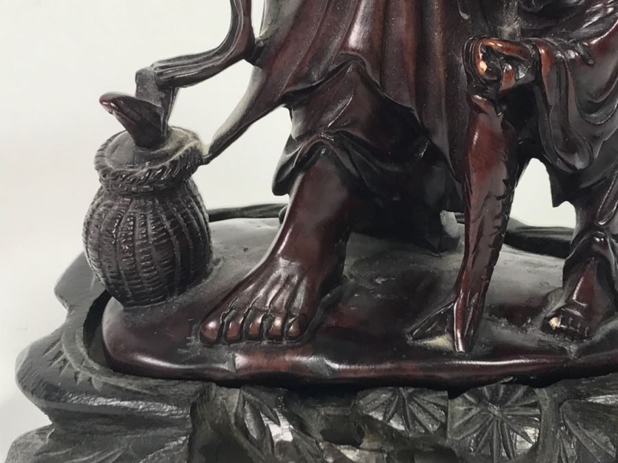 Chinese Carved Reddish Stone With Black Of Elder Fisherman With Boy On Wooden Base [Photo 11]