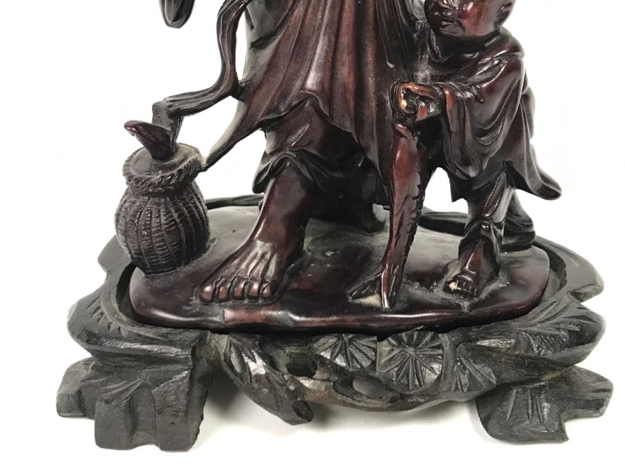 Chinese Carved Reddish Stone With Black Of Elder Fisherman With Boy On Wooden Base [Photo 5]