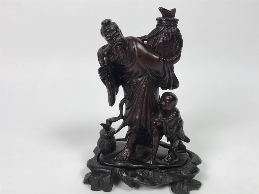 Chinese Carved Reddish Stone With Black Of Elder Fisherman With Boy On Wooden Base [Photo 22]