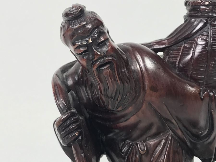 Chinese Carved Reddish Stone With Black Of Elder Fisherman With Boy On Wooden Base [Photo 9]