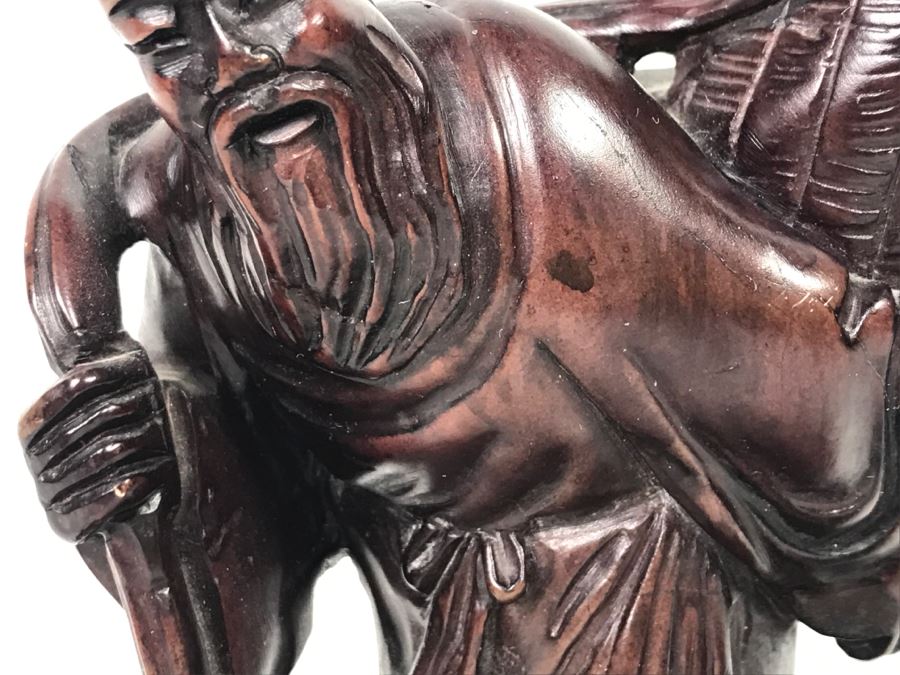 Chinese Carved Reddish Stone With Black Of Elder Fisherman With Boy On Wooden Base [Photo 24]