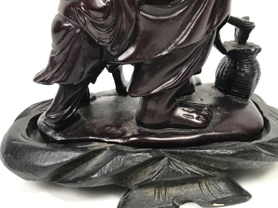 Chinese Carved Reddish Stone With Black Of Elder Fisherman With Boy On Wooden Base [Photo 18]