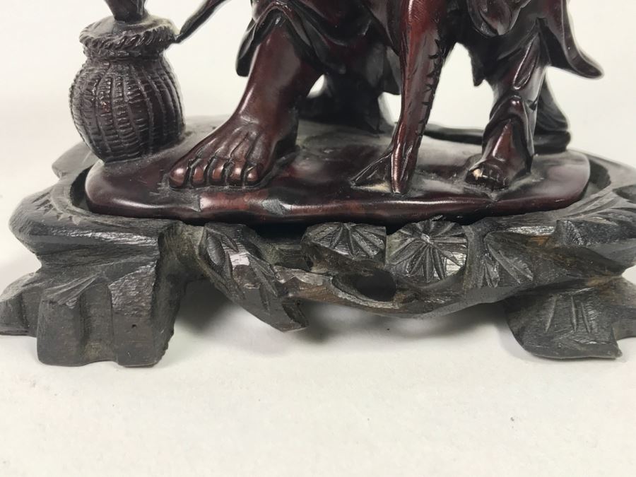 Chinese Carved Reddish Stone With Black Of Elder Fisherman With Boy On Wooden Base [Photo 4]
