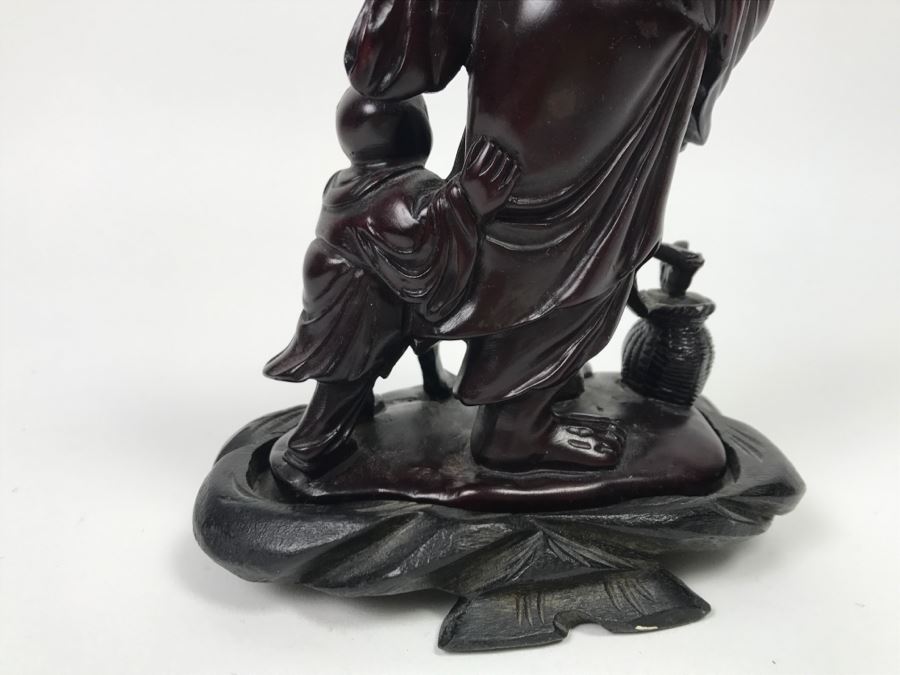Chinese Carved Reddish Stone With Black Of Elder Fisherman With Boy On Wooden Base [Photo 16]