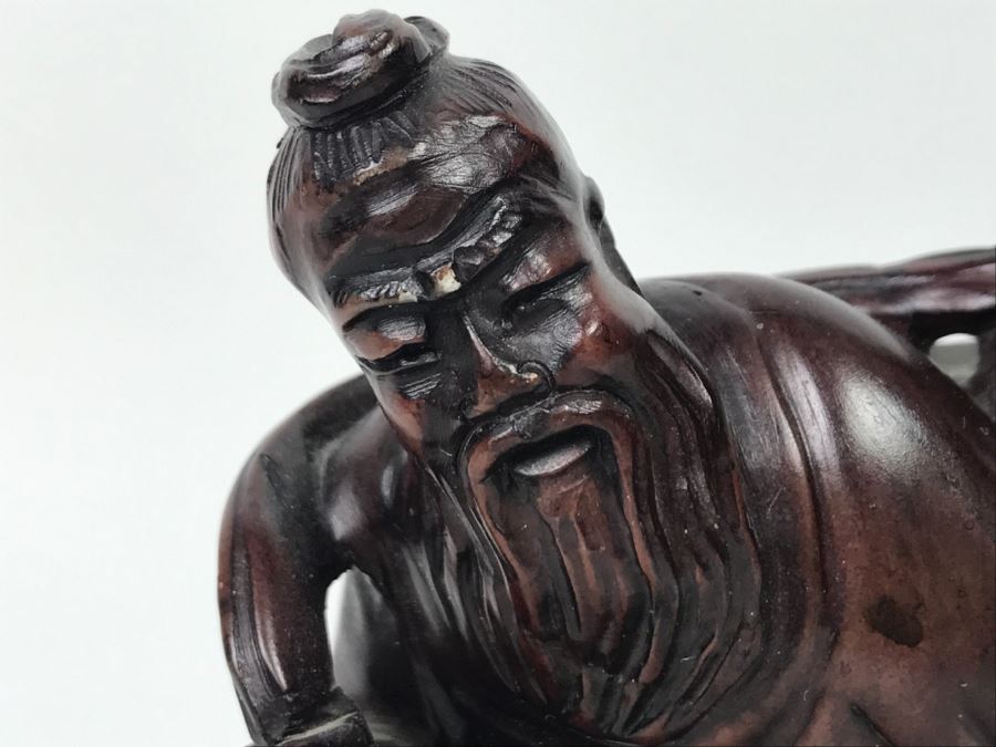 Chinese Carved Reddish Stone With Black Of Elder Fisherman With Boy On Wooden Base [Photo 23]