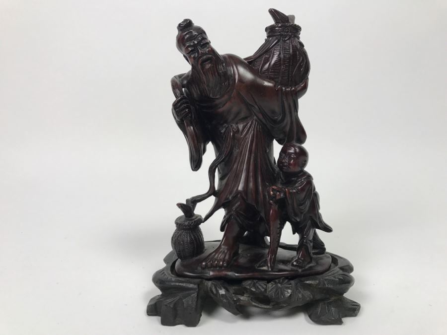 Chinese Carved Reddish Stone With Black Of Elder Fisherman With Boy On Wooden Base [Photo 1]