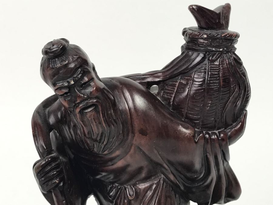 Chinese Carved Reddish Stone With Black Of Elder Fisherman With Boy On Wooden Base [Photo 8]