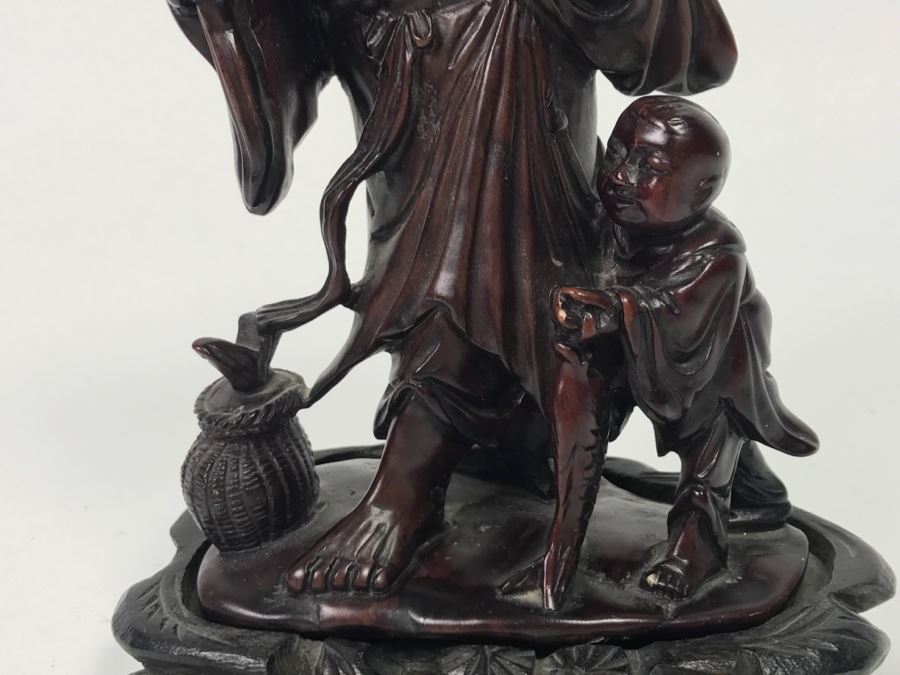 Chinese Carved Reddish Stone With Black Of Elder Fisherman With Boy On Wooden Base [Photo 6]