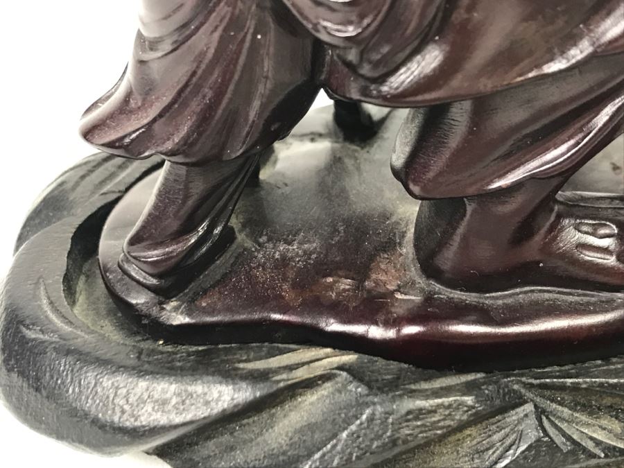 Chinese Carved Reddish Stone With Black Of Elder Fisherman With Boy On Wooden Base [Photo 19]