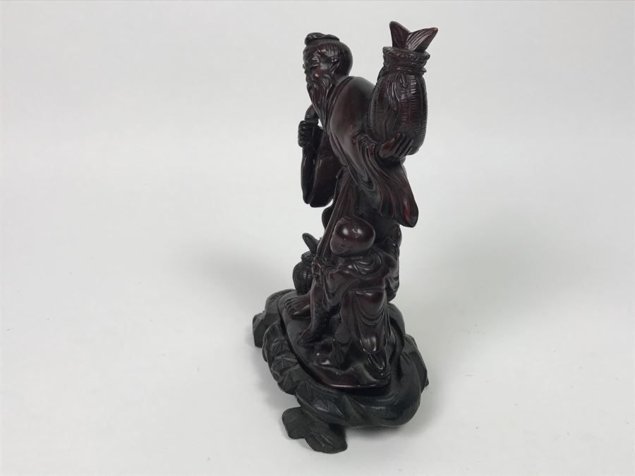 Chinese Carved Reddish Stone With Black Of Elder Fisherman With Boy On Wooden Base [Photo 21]