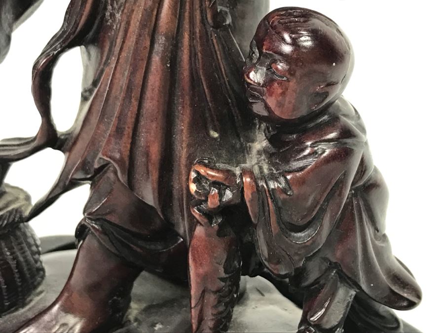 Chinese Carved Reddish Stone With Black Of Elder Fisherman With Boy On Wooden Base [Photo 26]