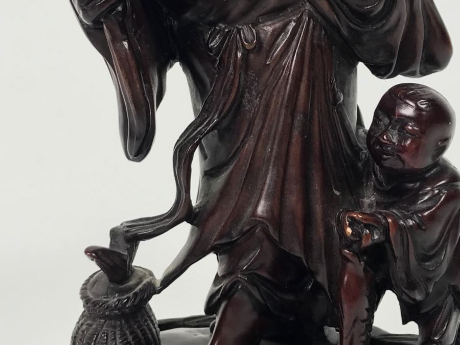 Chinese Carved Reddish Stone With Black Of Elder Fisherman With Boy On Wooden Base [Photo 10]