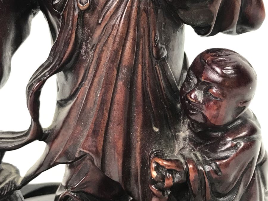 Chinese Carved Reddish Stone With Black Of Elder Fisherman With Boy On Wooden Base [Photo 25]