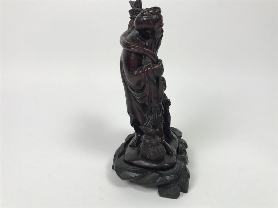 Chinese Carved Reddish Stone With Black Of Elder Fisherman With Boy On Wooden Base [Photo 12]