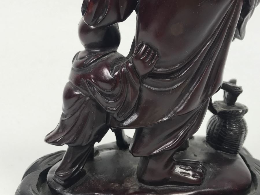 Chinese Carved Reddish Stone With Black Of Elder Fisherman With Boy On Wooden Base [Photo 17]