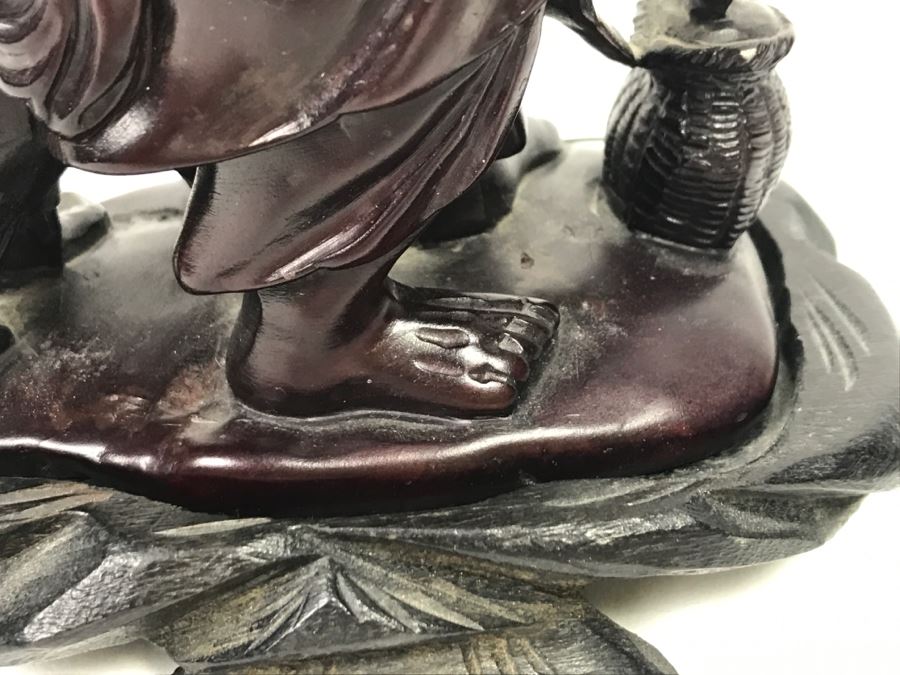 Chinese Carved Reddish Stone With Black Of Elder Fisherman With Boy On Wooden Base [Photo 20]