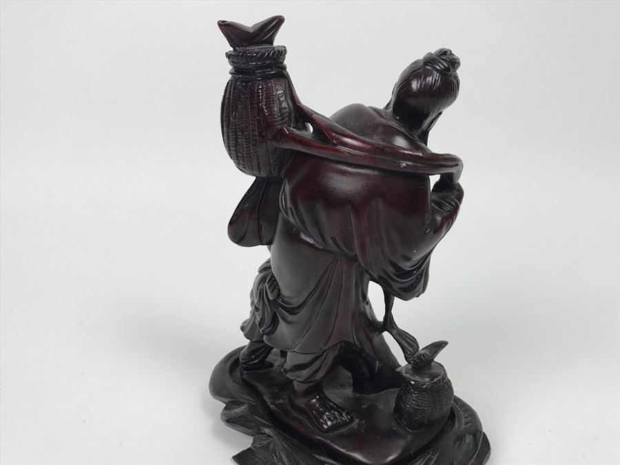 Chinese Carved Reddish Stone With Black Of Elder Fisherman With Boy On Wooden Base [Photo 14]