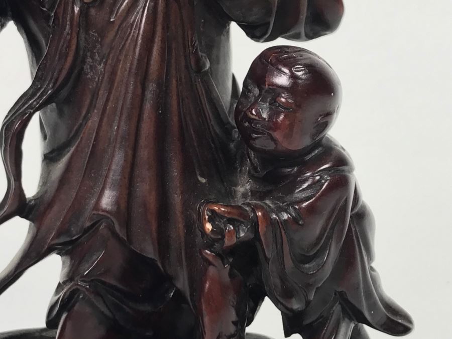 Chinese Carved Reddish Stone With Black Of Elder Fisherman With Boy On Wooden Base [Photo 7]