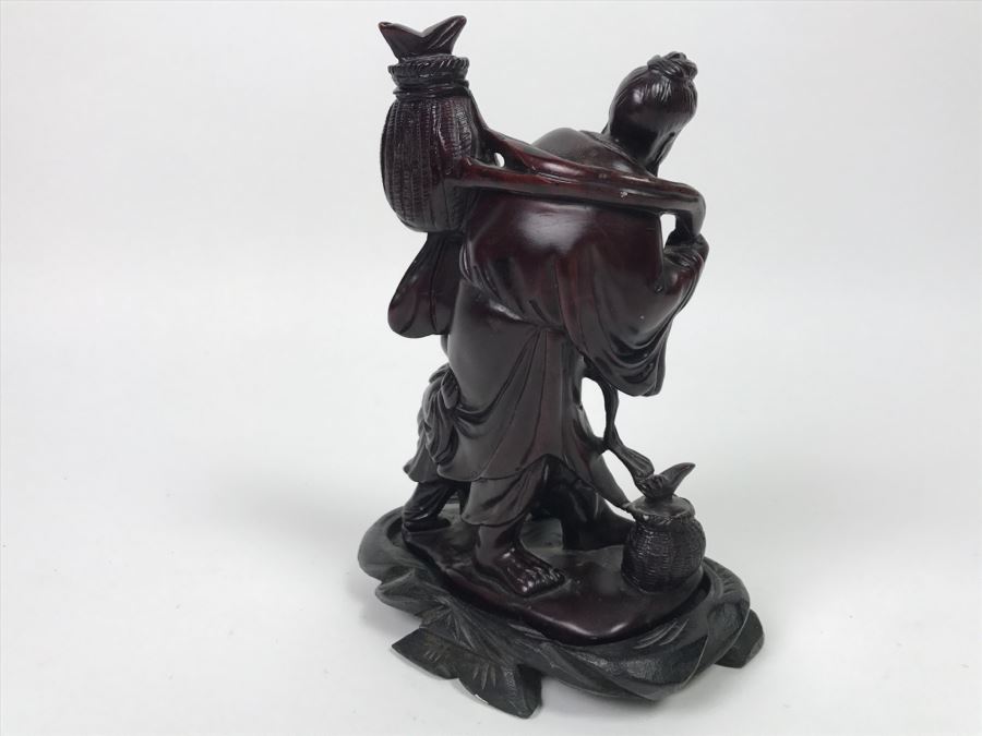 Chinese Carved Reddish Stone With Black Of Elder Fisherman With Boy On Wooden Base [Photo 13]