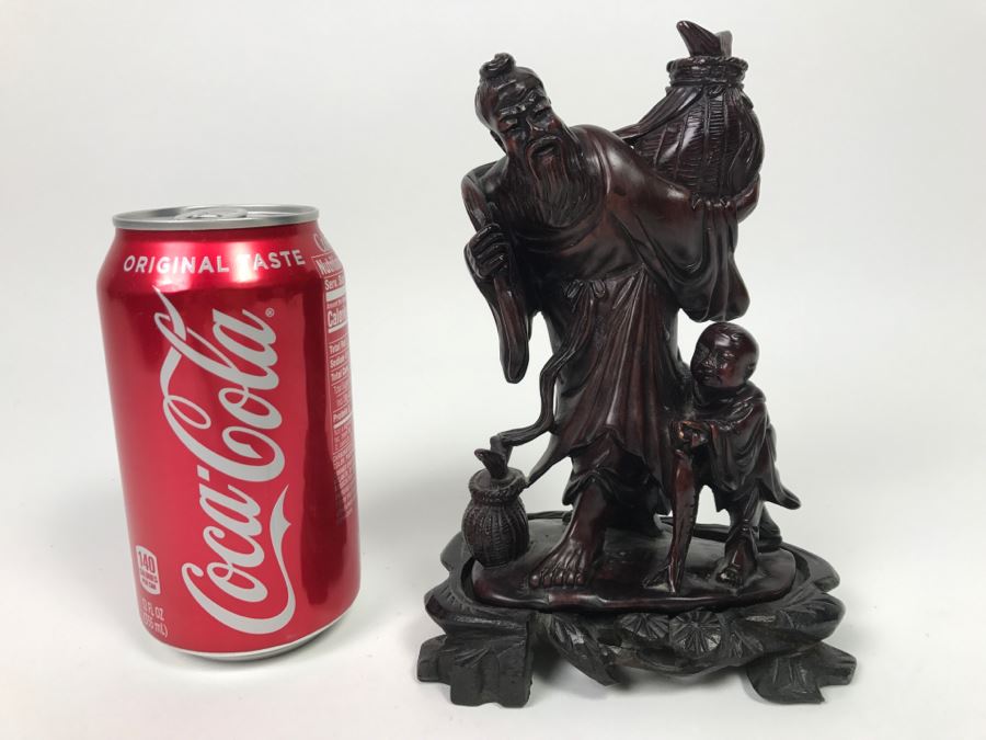 Chinese Carved Reddish Stone With Black Of Elder Fisherman With Boy On Wooden Base [Photo 2]