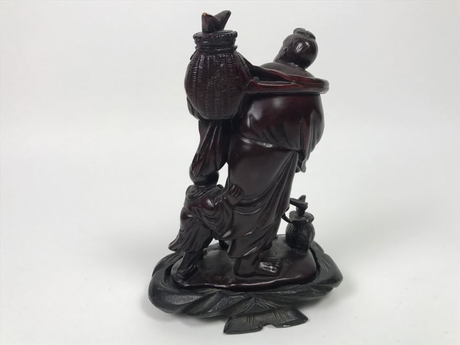 Chinese Carved Reddish Stone With Black Of Elder Fisherman With Boy On Wooden Base [Photo 15]