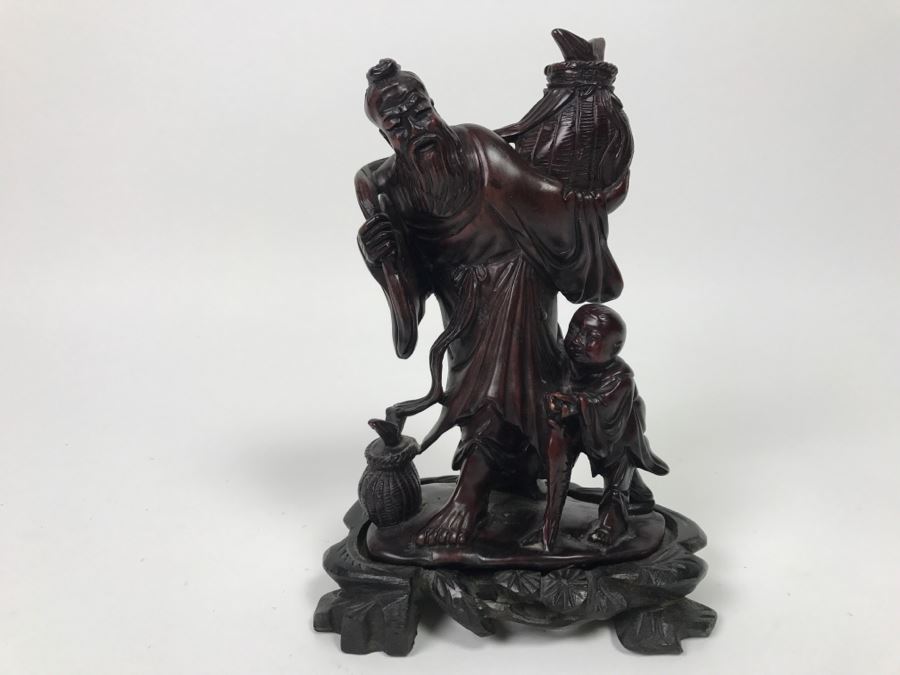 Chinese Carved Reddish Stone With Black Of Elder Fisherman With Boy On Wooden Base [Photo 3]