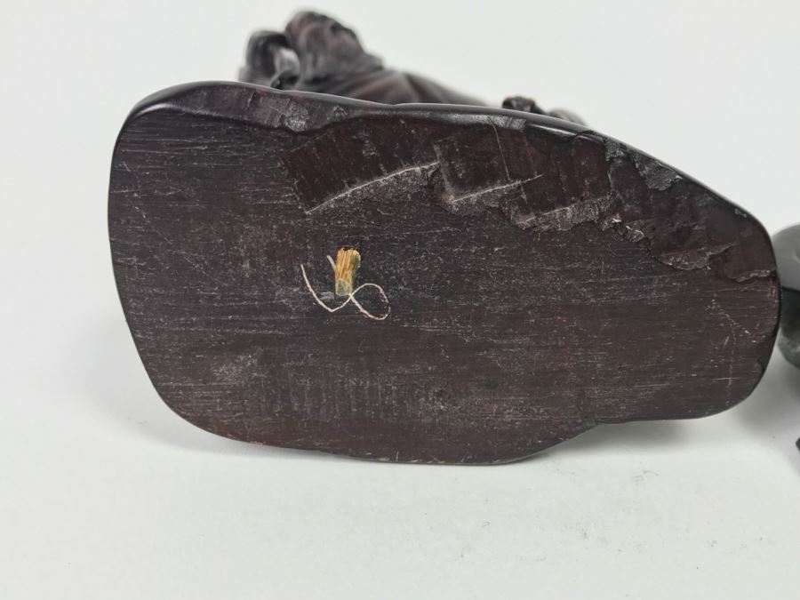 Chinese Carved Reddish Stone With Black Of Elder Fisherman With Boy On Wooden Base [Photo 30]